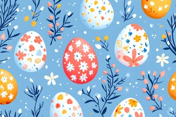 Easter eggs and spring flowers creating a festive seamless pattern