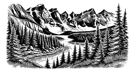 mountain river landscape engraving black and white outline