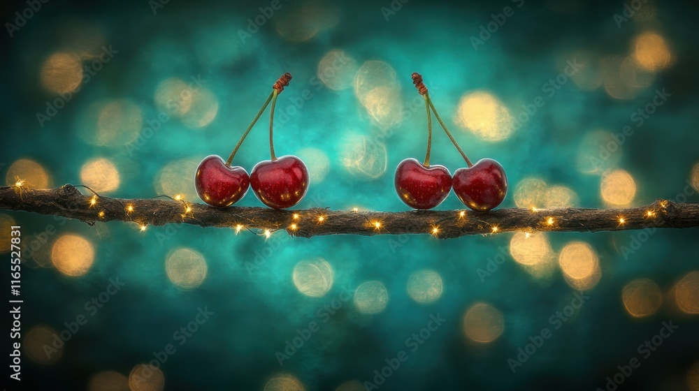 Poster two pairs of cherries on a branch with a bokeh background.