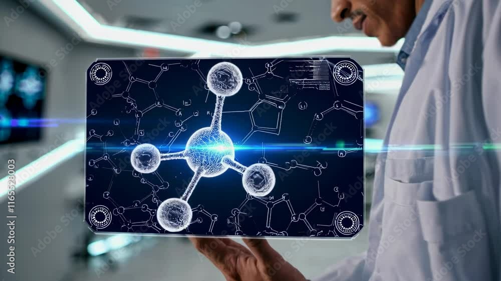 Poster laboratory setting showcases advanced molecular research with scientists engaged in innovative exper