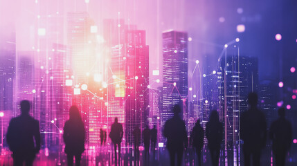 Abstract business team stands on the peak of success amid tall, innovative Smart city and graphs with statistics to analyze business potential and predict future developments in company growth.

