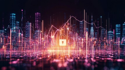 Naklejka premium A futuristic cityscape with digital security elements, featuring glowing data lines and a prominent padlock symbolizing cybersecurity.