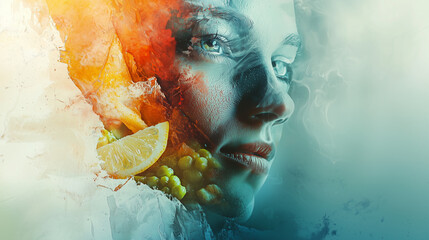 An illustration of a young woman with smoky accents, set against a blue background. She is surrounded by a lemon and grapes, creating a fresh and vibrant scene with a hint of mystery. © Photo by mQ