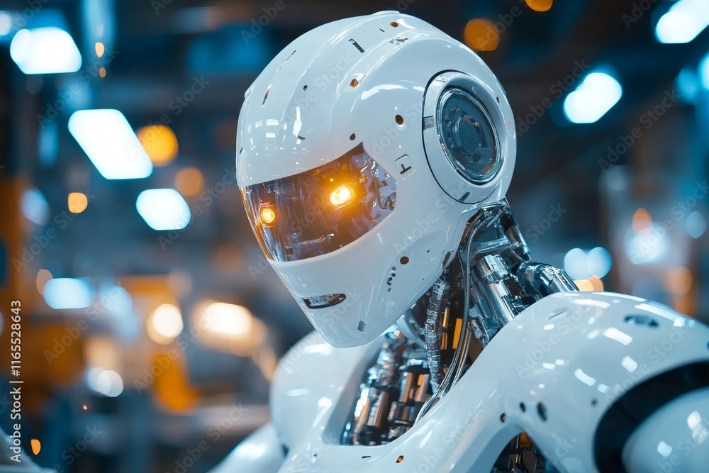 Leinwandbilder futuristic robot standing in high-tech factory setting with glowing eyes