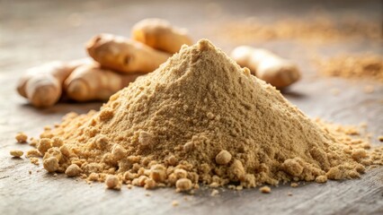 A mound of ground ginger sits on a wooden surface next to several pieces of fresh ginger