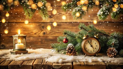 A rustic wooden table adorned with evergreen branches, a flickering candle, and an antique alarm clock set to midnight, capturing the essence of a magical winter scene.