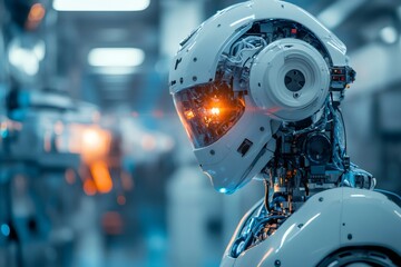 Fototapeta premium Futuristic robot analyzing data in high-tech manufacturing facility