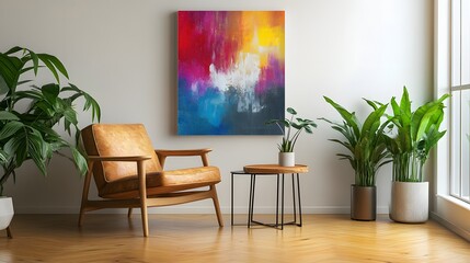 Modern Living Room Decor Featuring Abstract Art and Plants