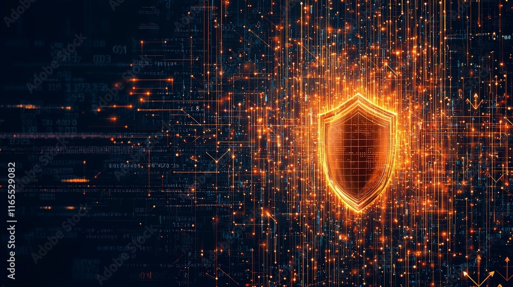 Poster digital shield design with glowing lines and particles, representing cybersecurity and protection ag