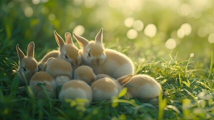 A puffball of baby rabbits huddling together in a grassy meadow, soft sunlight glowing on their fur.