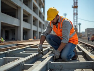 Construction worker adjusting metal framework at a building site in bright sunlight