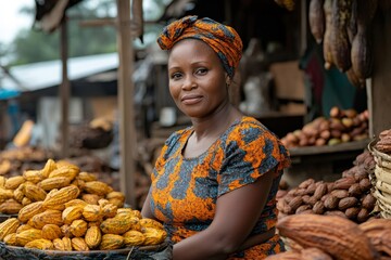 African woman selling cocoa pods at local market