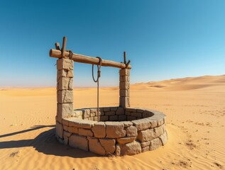 Fototapeta premium Desert well stands tall under a clear sky in a vast sandy landscape at midday