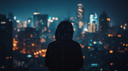 Hacker are planning to hack and attack networks and cyber security systems. Smart Innovation city with connection future wireless digital city and social media networking over the cityscape.