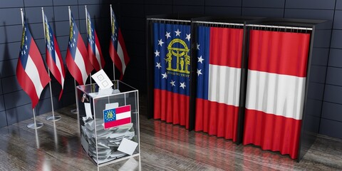 Georgia - voting cabin, ballot box and flags at polling station - 3D illustration