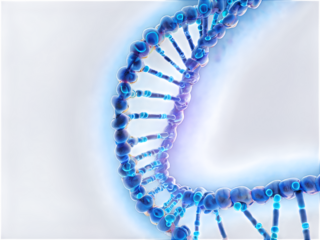 A digital visualization of a genetic sequence with glowing letters and icons.
