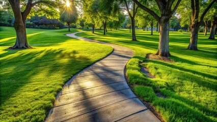 Obraz premium A Serene Path Winding Through a Lush Green Park Underneath the Warm Glow of the Setting Sun