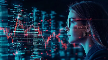 Fototapeta premium A woman analyzes digital financial data on a screen, showcasing advanced technology and business intelligence.