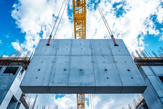 Crane lifting concrete slab at construction site on cloudy day