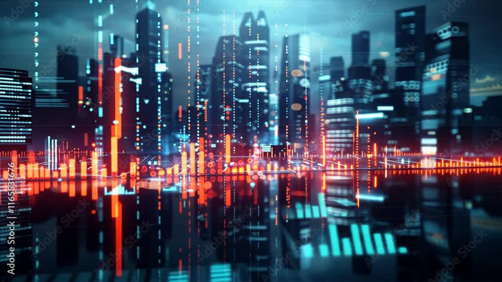 Poster futuristic city skyline at night with digital data visualization, glowing lights, and vibrant colors