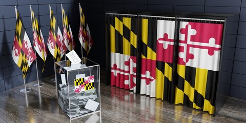 Maryland - voting cabin, ballot box and flags at polling station - 3D illustration