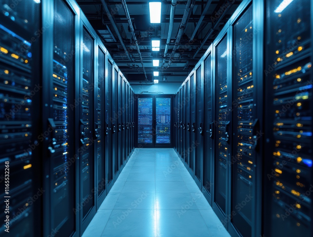 Poster a futuristic data center with rows of servers illuminated by blue lights and city view