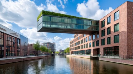 Modern green roof building over canal waterfront