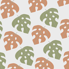 Tropical Leaf Pattern:  A seamless repeating pattern of green and peach monstera leaves on a light background. Perfect for creating tropical themed backgrounds, textile designs, and more.