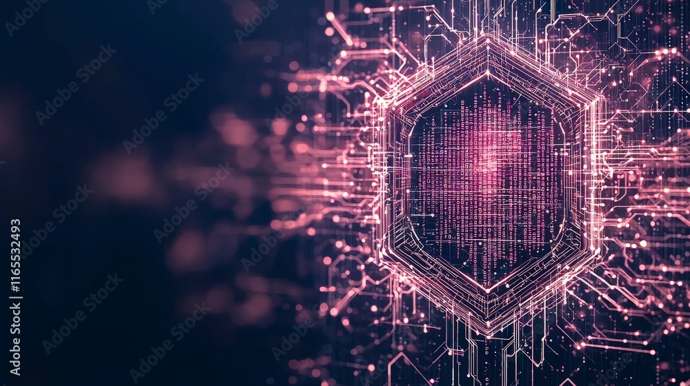 Poster abstract digital background featuring hexagonal shapes and intricate circuitry in pink hues, represe