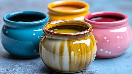 Colorful ceramic pots filled with various liquids