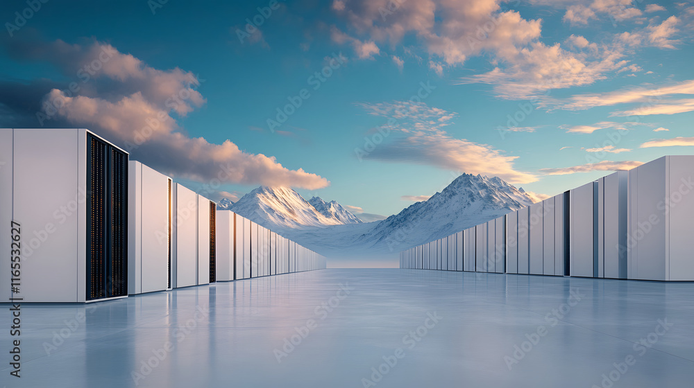 Poster futuristic data center with mountains and clouds in the background
