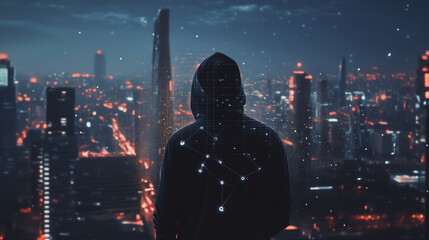Hacker are planning to hack and attack networks and cyber security systems. Smart Innovation city with connection future wireless digital city and social media networking over the cityscape.