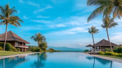 Fototapeta premium Serene tropical villa with an infinity pool under a clear blue sky
