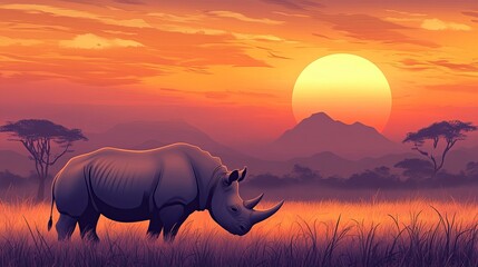 Obraz premium A rhinoceros grazing peacefully in the savanna, with the sun setting behind a distant mountain range.