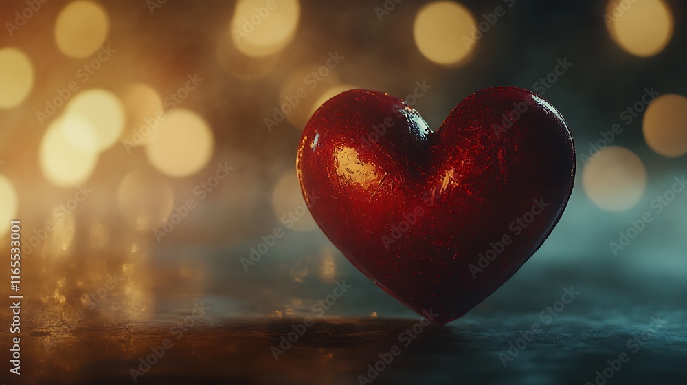 Poster red heart on a valentine's day background, surrounded by a soft bokeh effect, creating a romantic an
