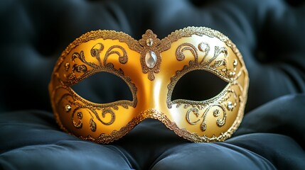 Elegant Golden Venetian Mask Rests on Dark Fabric