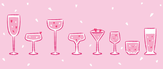 Pink Cocktail Glass witht mini heart  of various shapes hand-drawn Illustration set