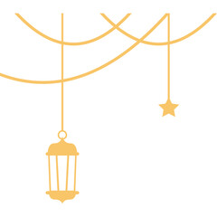 Ramadan Lantern and Star: Festive Ramadan decoration. Golden lantern and star hanging on elegant lines. Islamic, Arabic, Eid, Muslim, celebration. 