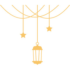 Ramadan Lantern and Stars: Elegant Ramadan decoration. Simple gold stars and lantern hanging. Festive Islamic design. Perfect for greeting cards, invitations, and social media. 