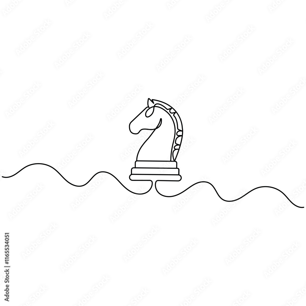 Poster knight chess single line art, continuous one line drawing of isolated outline vector icon