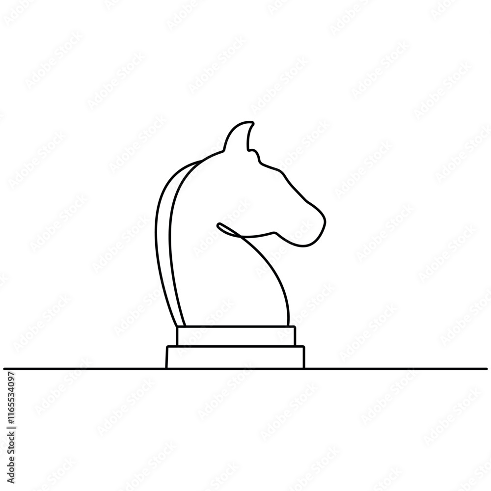 Poster knight chess single line art, continuous one line drawing of isolated outline vector icon