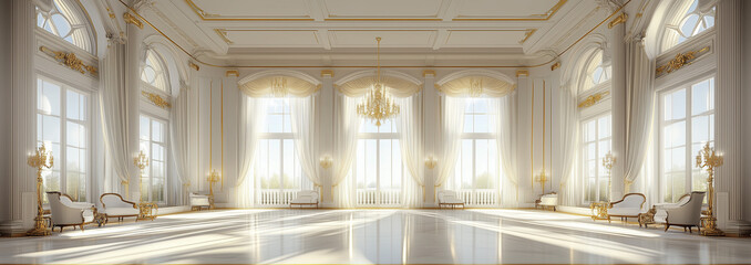 Fototapeta premium A white and gold Rococo-style room with large windows and curtains on the sides
