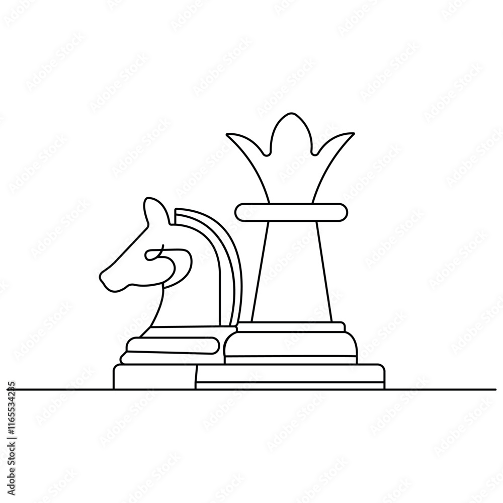 Poster knight chess single line art, continuous one line drawing of isolated outline vector icon