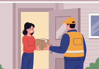A woman happily receives a package delivered by a friendly courier at her doorstep, illustrating efficient home delivery service.