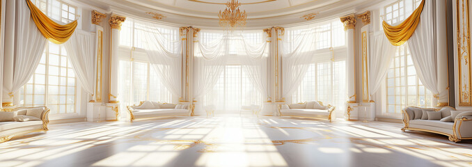 A white and gold Rococo-style room with large windows and curtains on the sides