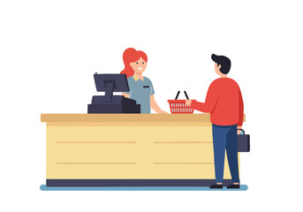 Cashier at a retail counter assisting a customer with a shopping basket in a friendly store environment.