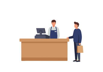 Illustration of a cashier assisting a customer at a checkout counter, showcasing a retail interaction in a minimalistic style.