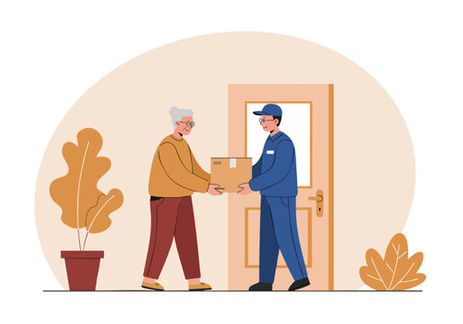Senior woman receiving a package from a smiling delivery man at the door, highlighting friendly customer service and home delivery.