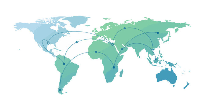 World map highlighting global connections with network lines for communication and trade representation.