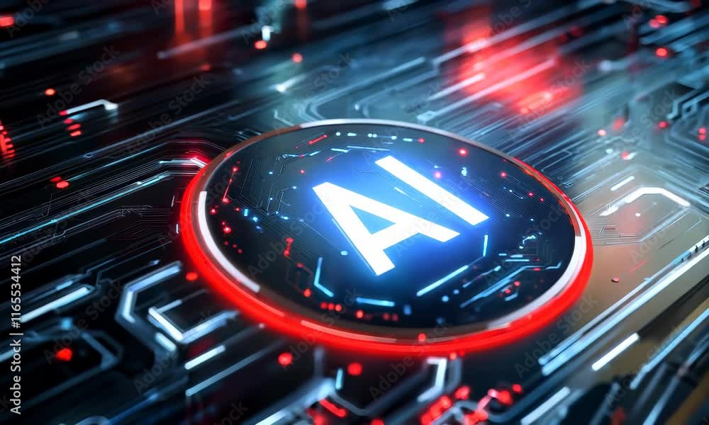 Poster logo with the word ai in white, surrounded by circuit patterns and glowing lines on a dark backgroun